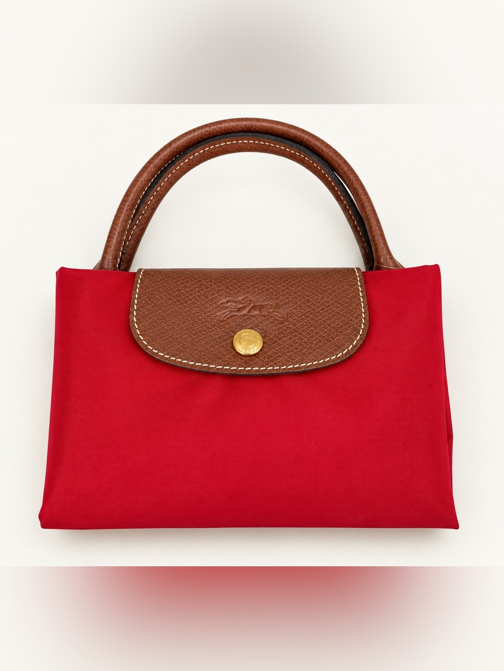 Lonchamp Le Pliage Red Nylon Tote BagTravel Brown Leather Trim NWOT